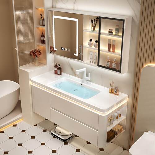 新款圆角浴室柜陶瓷一体盆卫浴奶油风组合侧边柜洗手洗脸洗漱台