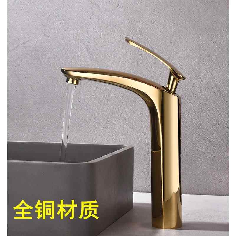 钛全铜面盆水龙头浴室台面面盆加高冷热洗脸盆玫瑰金拉丝金水龙头