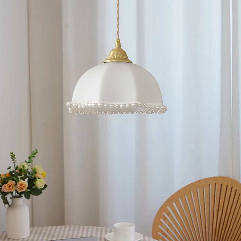 法式复古吊灯玻璃珍珠少女心氛围奶白玻璃黄铜餐厅卧室床头小吊灯