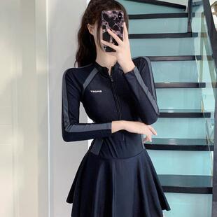 学生泡温泉游泳装 长新款 款 连体小清新女士游泳衣保守显瘦袖 女裙式