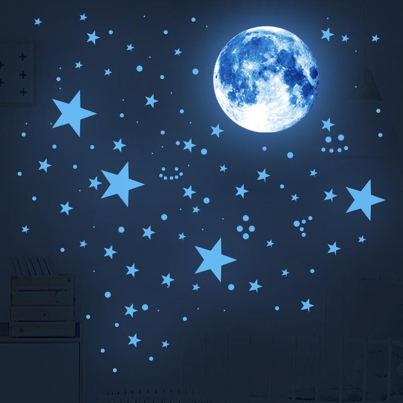 夜光跨境粉色蓝色月球星球荧光星星圆点儿童卧室客厅装饰发光墙贴