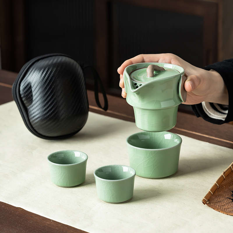 汝窑陶瓷功夫快客杯一壶三杯便携式旅行茶具小套装户外泡茶壶出差