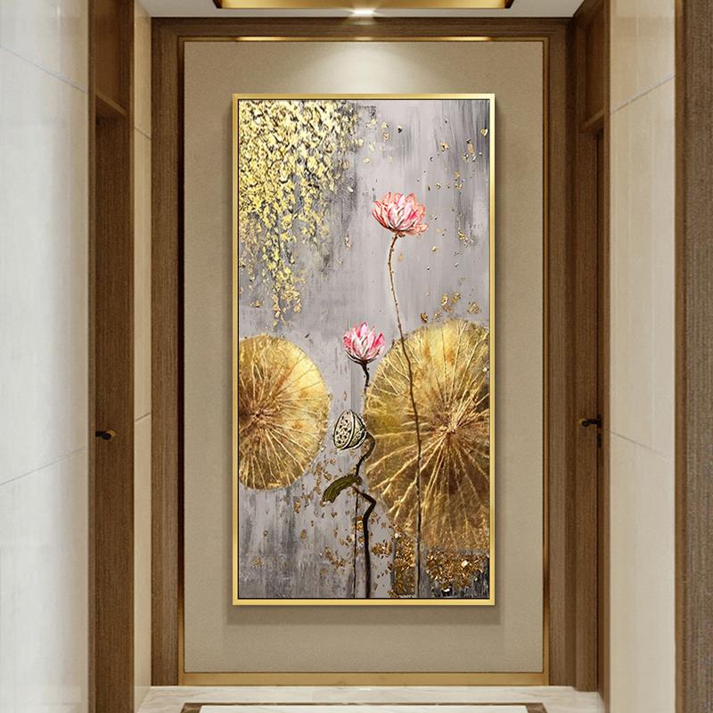 手绘UAT油画玄关装金饰画走廊过道挂挂画东南亚泰式立箔荷花体壁