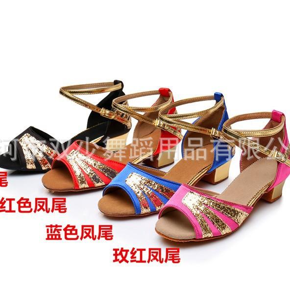 新款直销拉丁舞鞋女童跳舞鞋少儿童舞蹈鞋拉丁鞋牛皮软底中跟成人