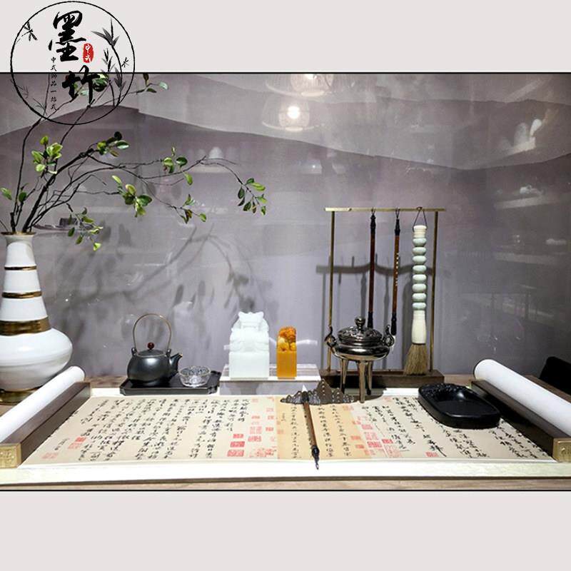 新中式书房书桌字画 画毛笔茶具玉玺香炉镇尺组合样板房别墅饰品