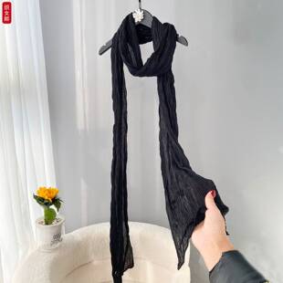 韩版褶皱棉麻围巾女春夏季细长条纯色百搭护颈椎黑色薄款丝巾围脖