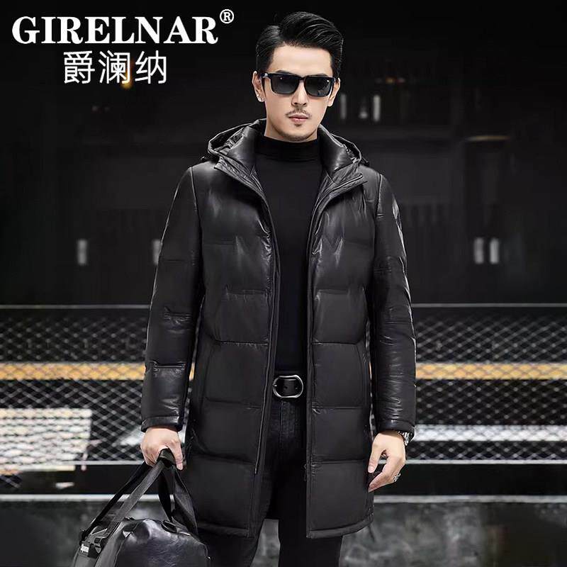爵澜纳2026冬季男士真皮皮衣头层小牛皮羽绒服中长款连帽休闲外套