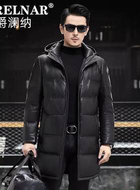 爵澜纳2026冬季男士真皮皮衣头层小牛皮羽绒服中长款连帽休闲外套