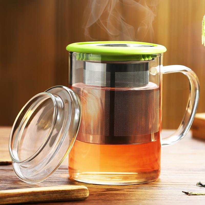 厂家耐热玻璃泡茶杯不锈钢过滤三件杯透明茶水分离办公绿茶杯