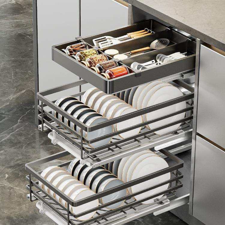 不锈钢小尺寸抽屉式双层厨房橱柜碗篮窄柜400/500柜体调味品拉篮
