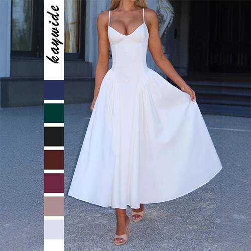 Pure Color Sleeveless Lady Dress Waist Cinched Fitted Plain