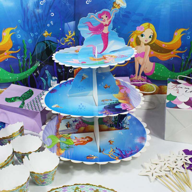 3层纸质美人鱼蛋糕架 一次性甜品桌装饰 欧美生日派对用品