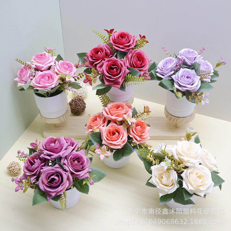 仿真花秋卷边玫假花盆景客厅摆件书桌公桌装饰玄关酒柜饰品摆设