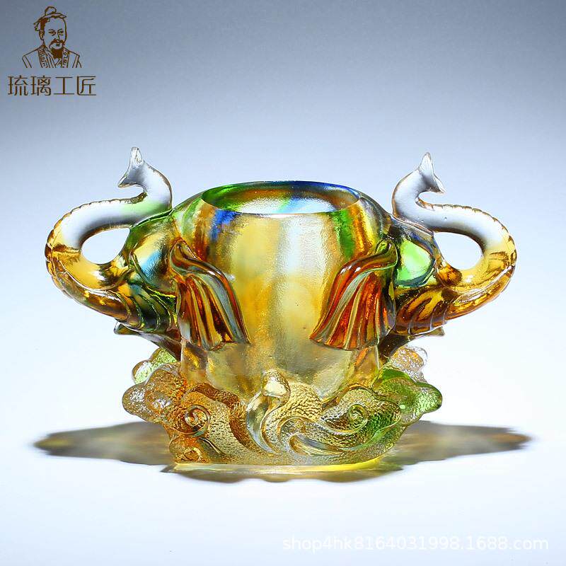 琉璃工EKP艺品吉祥大如大象笔筒办公室老板桌面装意高饰摆件一对