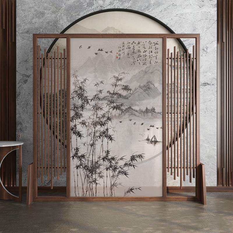 新中式屏风隔断客厅玄关简约现代办公室竹子布艺遮挡装饰移动座屏