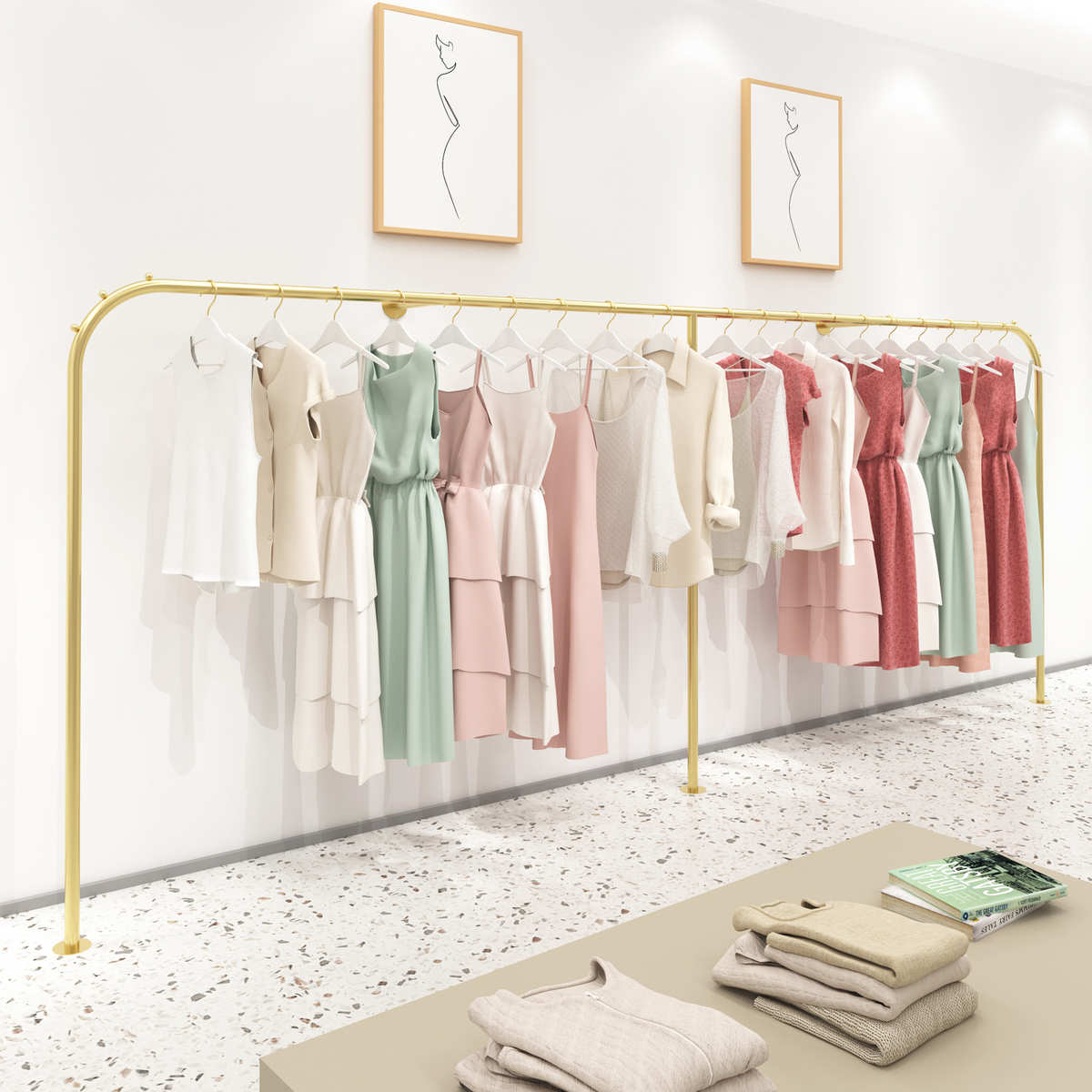 北欧风金色服装店展示架靠墙组合货架男女装店落地上墙挂衣架