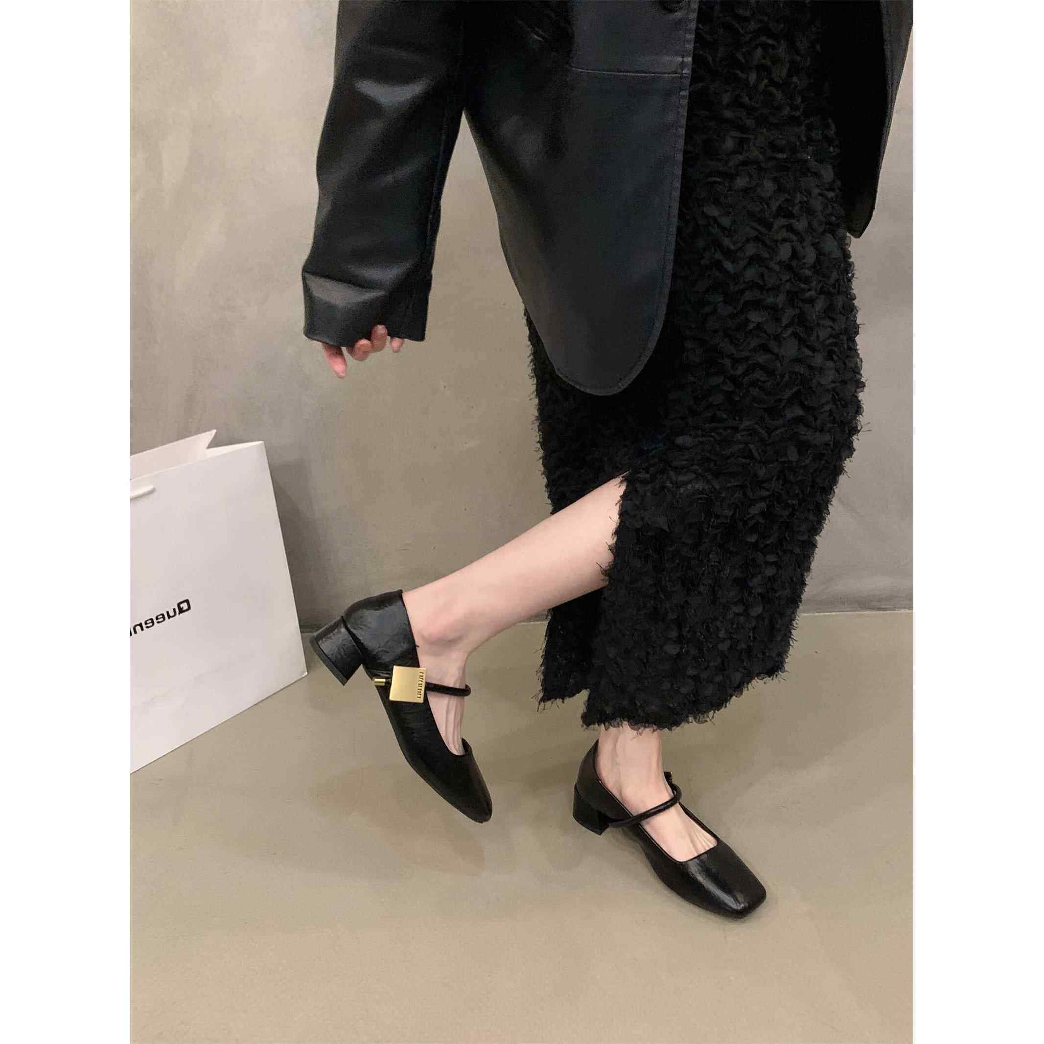 潮牌法式黑色粗跟玛丽珍单鞋女鞋子2025新款春秋中高跟方头晚晚鞋