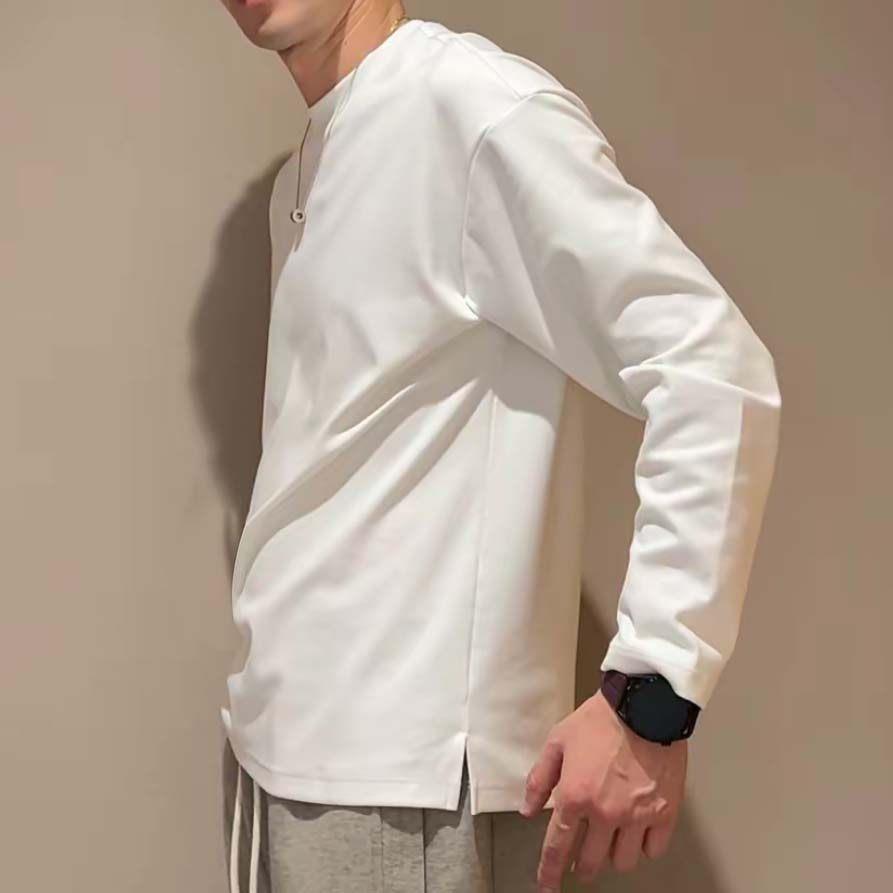 秋季潮流重磅长袖T恤男设计感休闲纯色百搭宽松圆领打底衫上衣潮