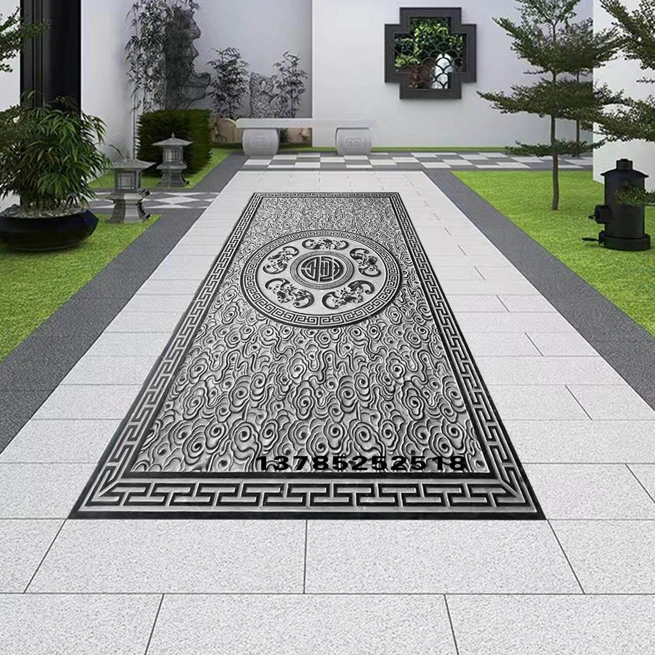 石材地舖祥云过门青石台阶浮雕中式庭院福寿字云纹踏步石铺路地面