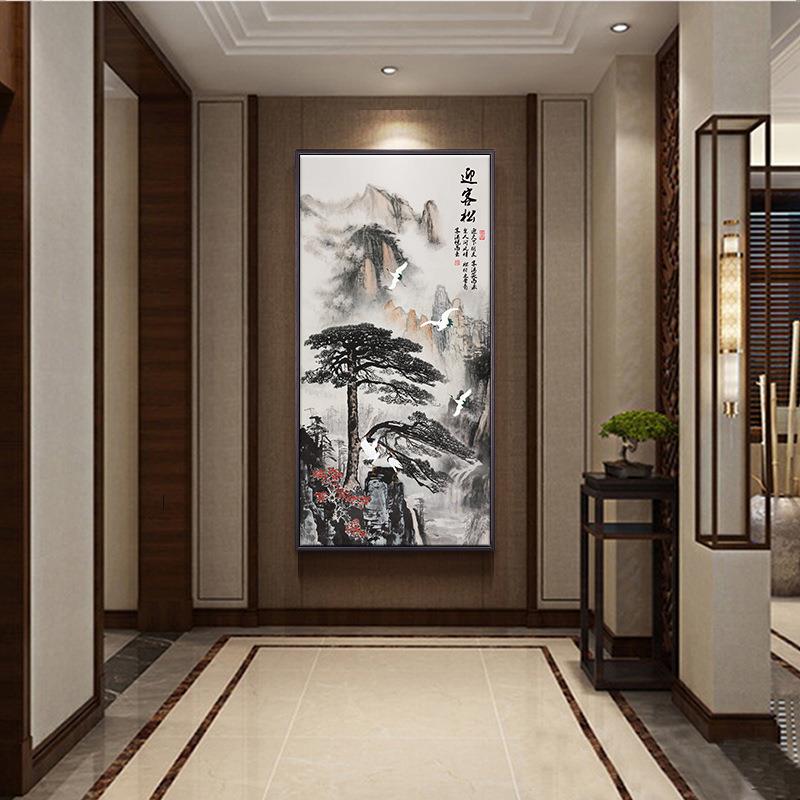 新中式迎客松中国风山水风景竖版画玄关装饰挂画酒店走廊过道壁画