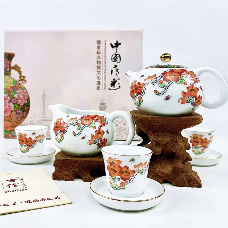 实体店经营广彩工艺品 广州手信礼品 荔枝茶具整套 红棉花彩绘
