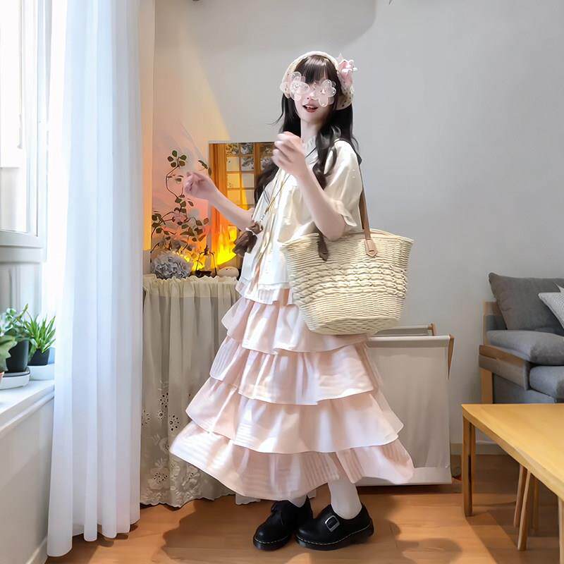 法式覆古荷叶领短袖洋装女夏季小个子甜美百褶蓬蓬蛋糕长裙子