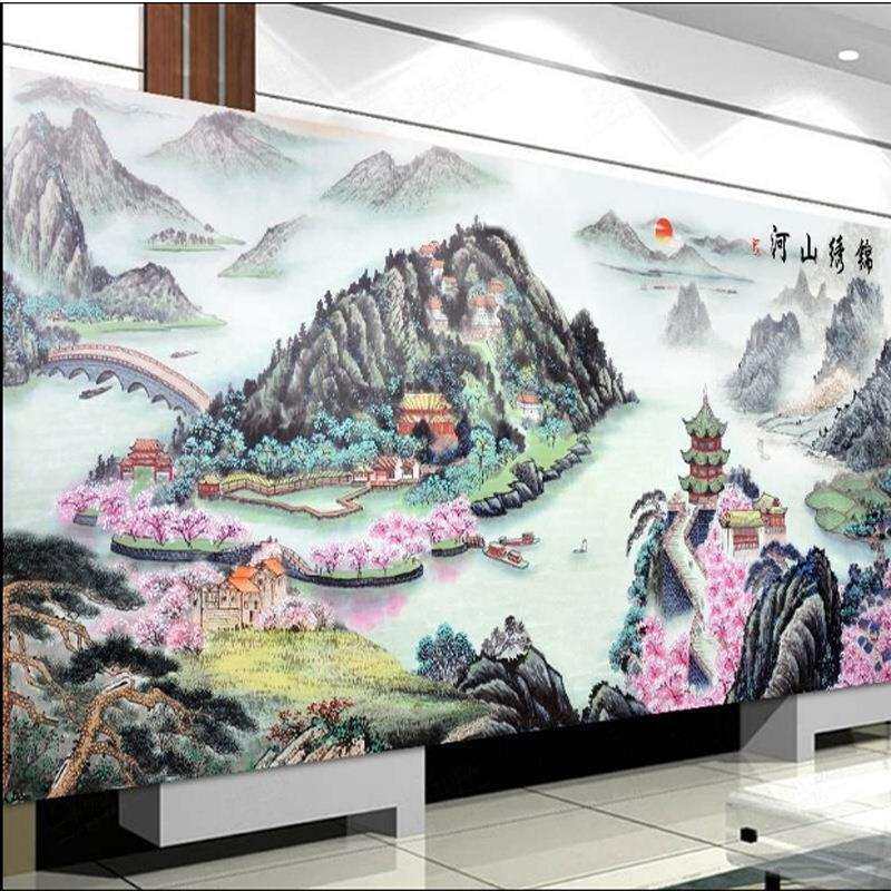 厂家直销锦绣山河壮丽版十字绣新款客厅满绣印花版线绣山水画风景