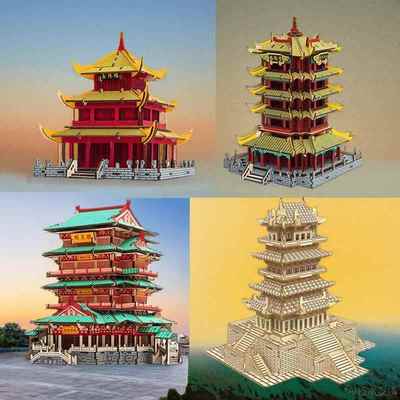 岳阳楼黄鹤楼鹳雀楼滕王阁立体拼图中国古风建筑拼装模型手工木制