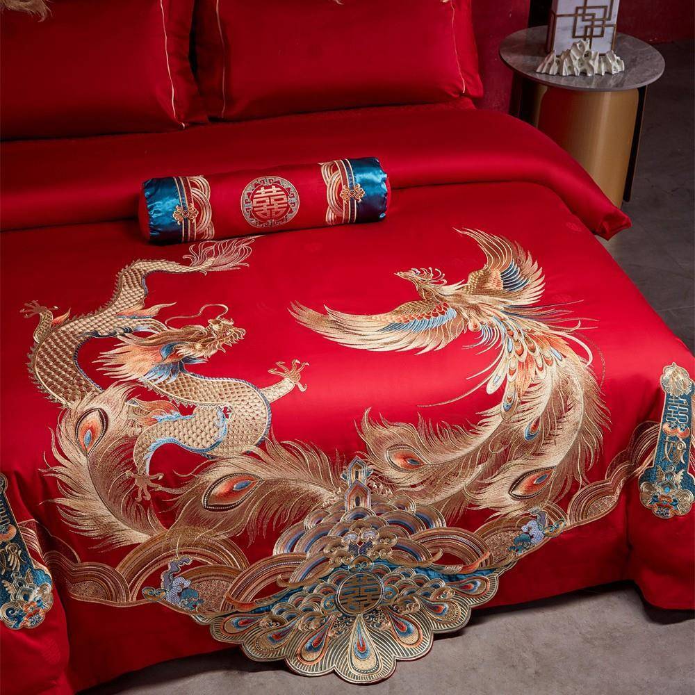 中式龙凤婚庆长绒棉刺绣大红色四件套结婚被套床单婚嫁床品