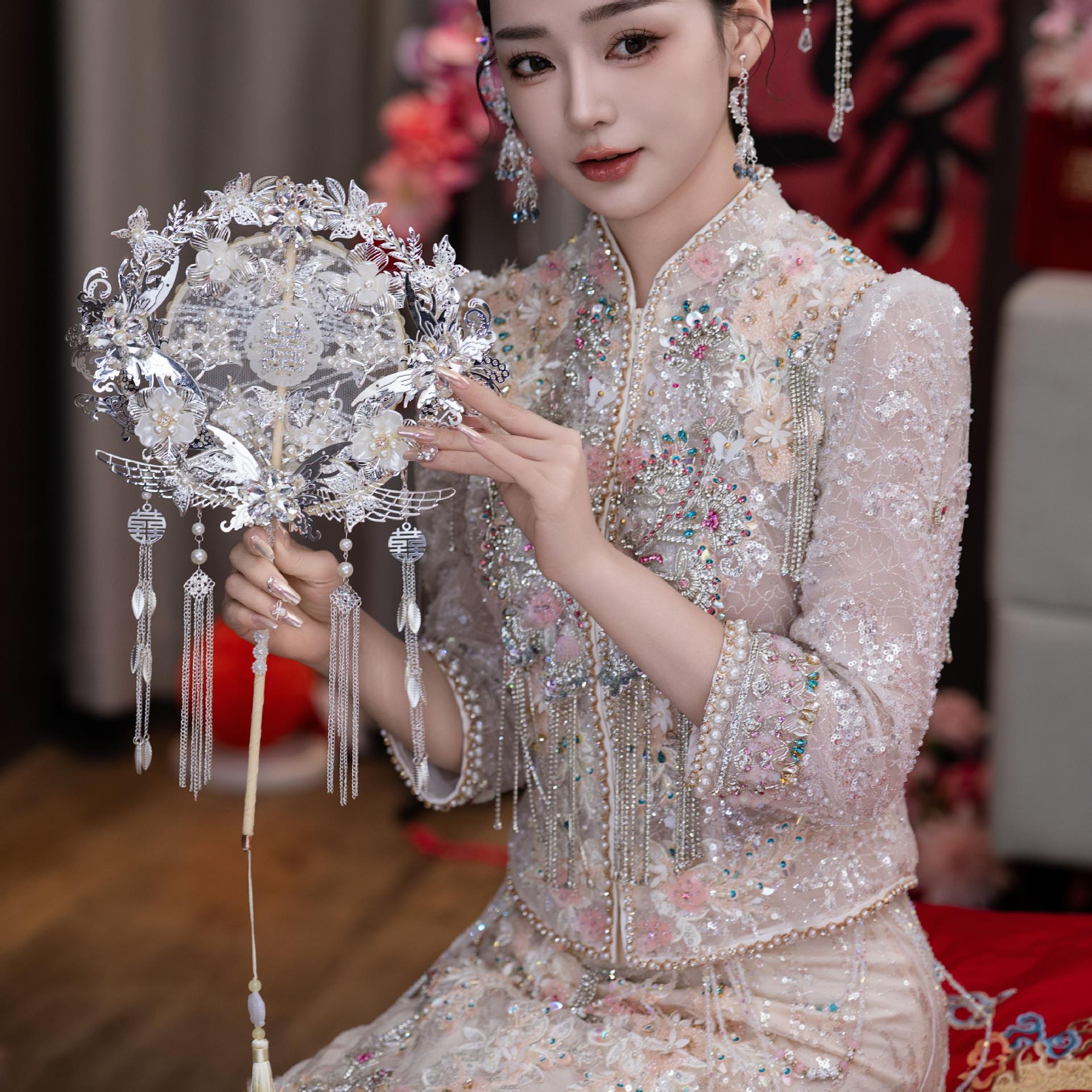 蕾红色丝新娘结婚秀禾服新中式成双面品YMN遮面金色喜成品扇团扇9