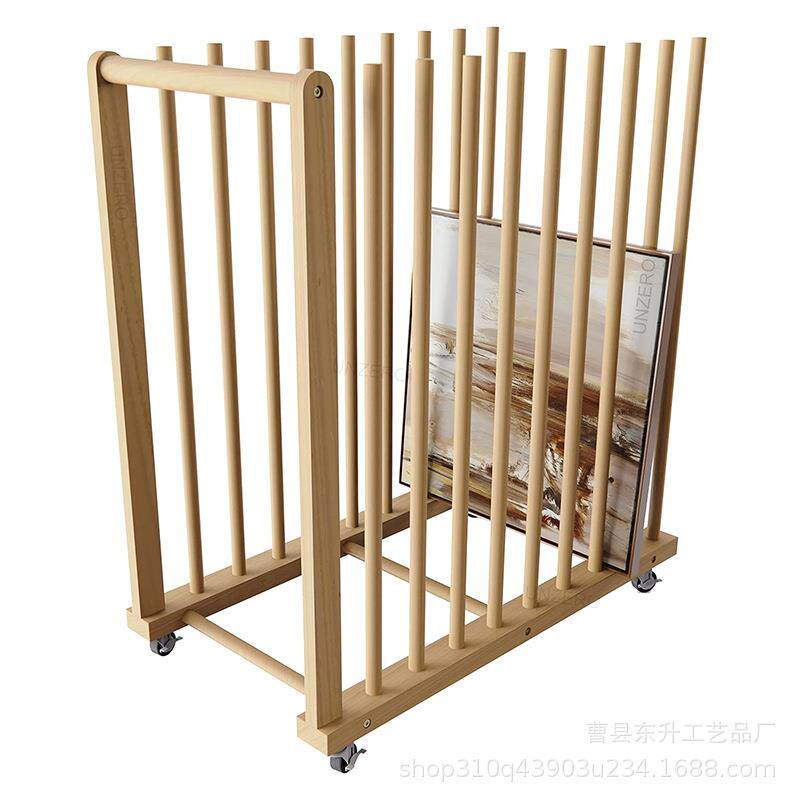 实木油画收纳架艺术品储物架带脚轮帆布架油画作品收纳晾干架