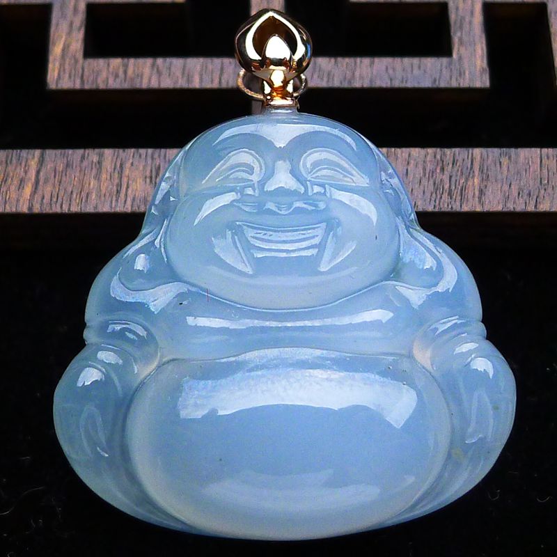 缅甸翡翠玉佛吊坠女18K金扣头天然玉石吊坠弥勒佛笑佛佛公6.45g