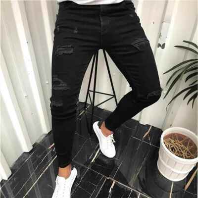 Men's Slim Fit Ripped Cuffed Jeans, Casual Comfy Denim