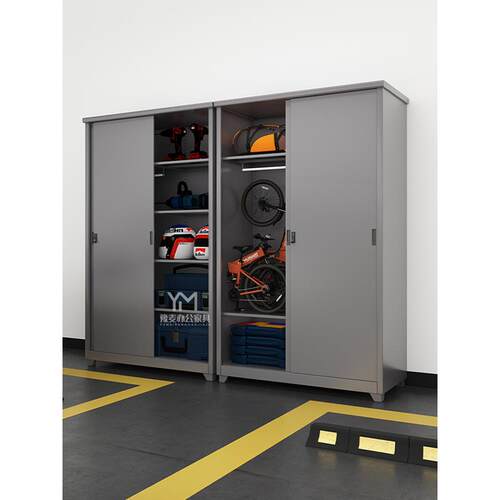 地下车库推拉式储物柜停车场铁质收纳柜防潮大容量带锁工具置物柜