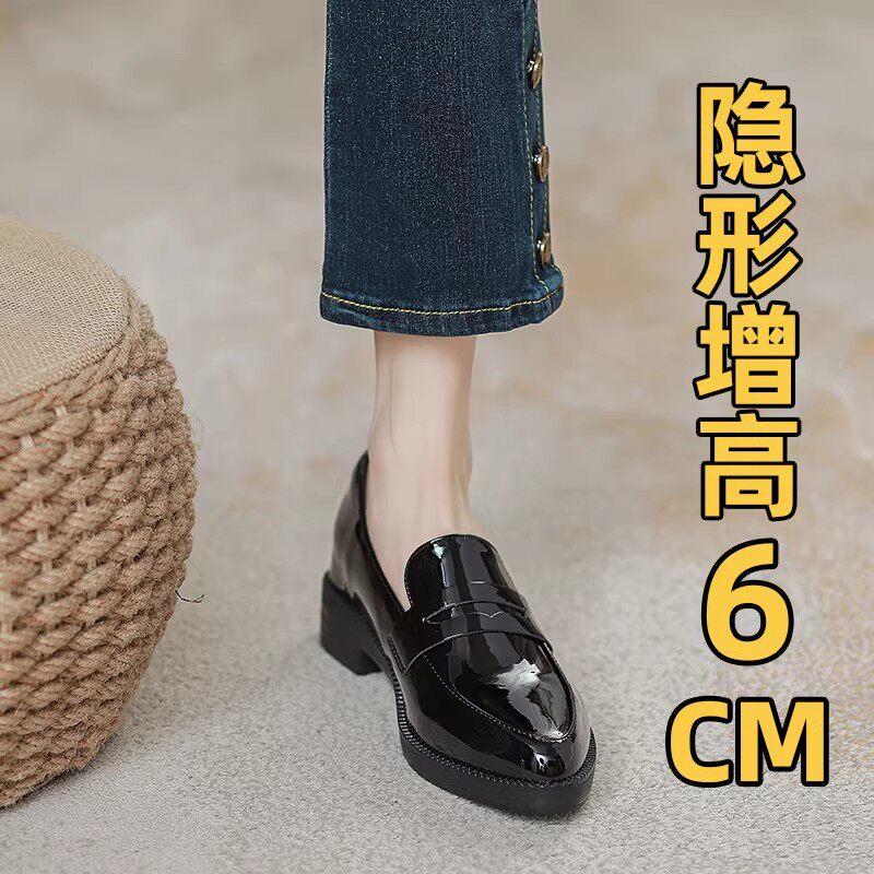 香港真皮内增高乐福鞋女2026春秋季新款尖头粗跟单鞋英伦风小皮鞋