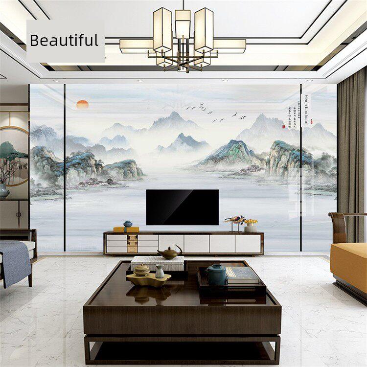 新中式岩板电视背景墙山水墨客厅大板轻奢简约现代背景墙微晶背景