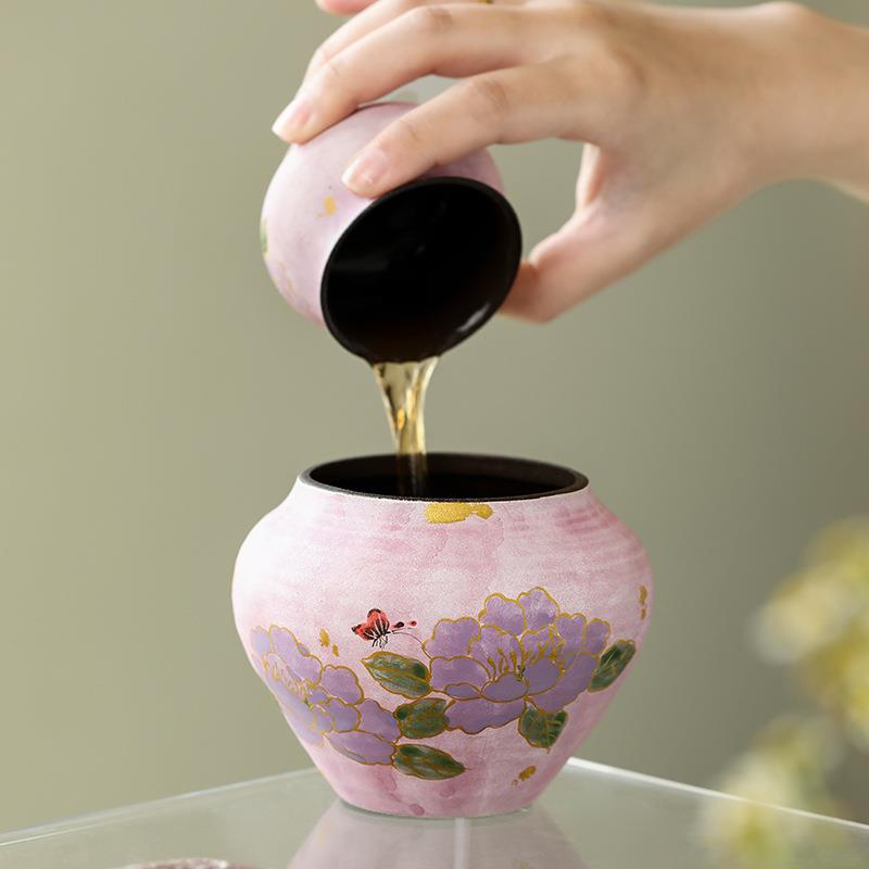 手绘蝴蝶兰陶瓷建水小号茶渣缸茶盂洗茶器废水桶家用茶洗茶道配件