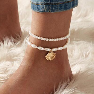 Pearl Shell Foot Chain跨境新款珍珠扇贝壳吊坠脚炼创意覆古脚饰