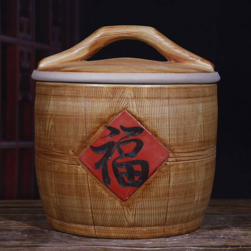 景德镇陶瓷米缸仿木纹复古米桶老式储米箱厨房储物罐家用腌菜坛子