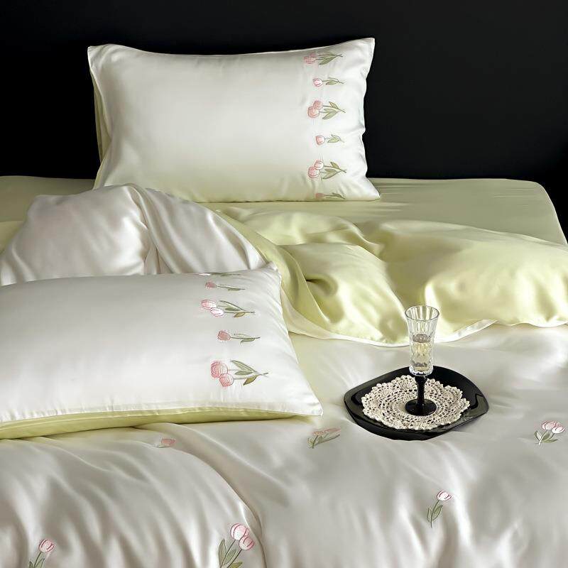 金范~郁香花卉刺绣60支爽兰精天丝四件金套千夏季凉冰丝OJX床单床