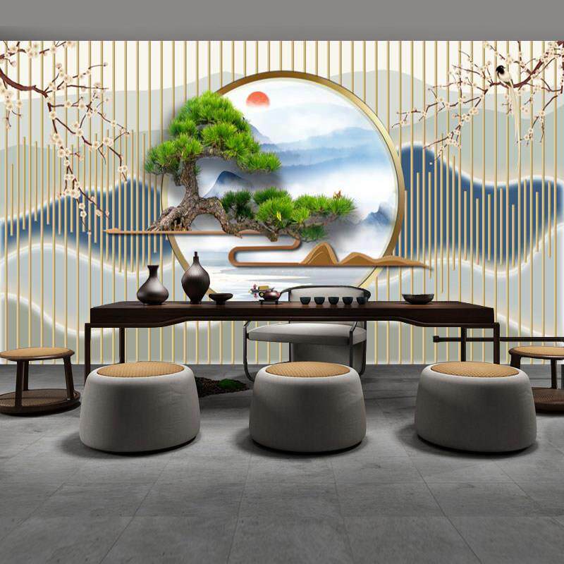 新中式迎客松竹木纤维茶室前台背景墙集成墙板采耳店养生馆护墙板