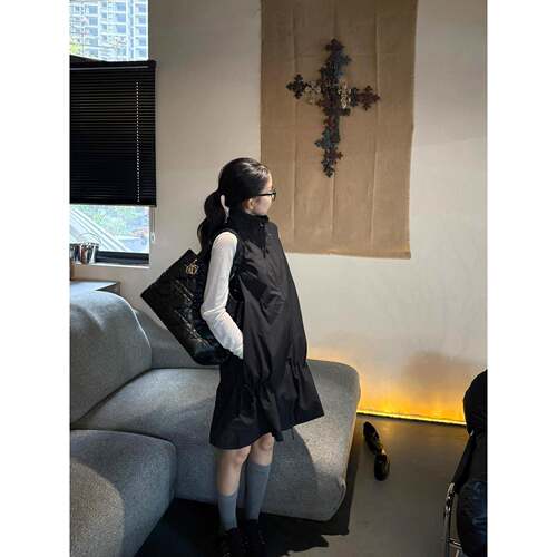 韩系小众高级感立领背心裙女秋季新款无袖叠穿连衣裙复古工装罩裙