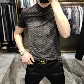 d32商场版男款印花衬衫，免熨烫弹力短袖，男士青年衬衣男装polo衫潮