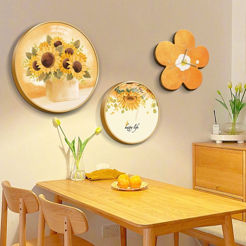 圆形装饰画餐厅画现代简约卧室壁画北欧风客厅创意组合挂画带挂钟图片