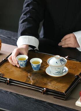 大漆筇竹岩石奉茶盘茶台崖石干泡盘中式茶具覆古托盘壶承茶道配件
