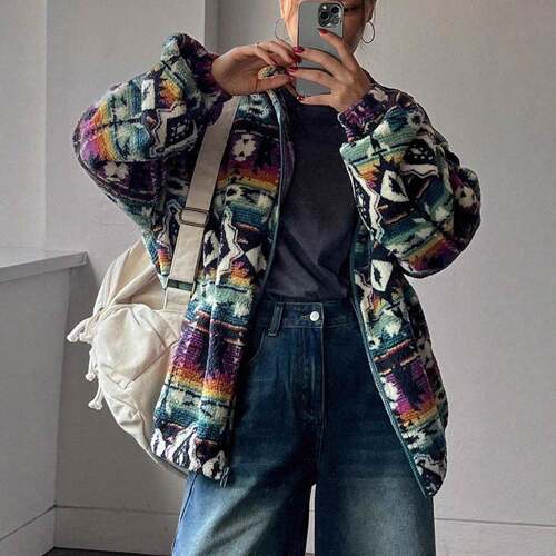 Jacket Coat Womens Retro Casual Fleece Print Zip-Up Wear