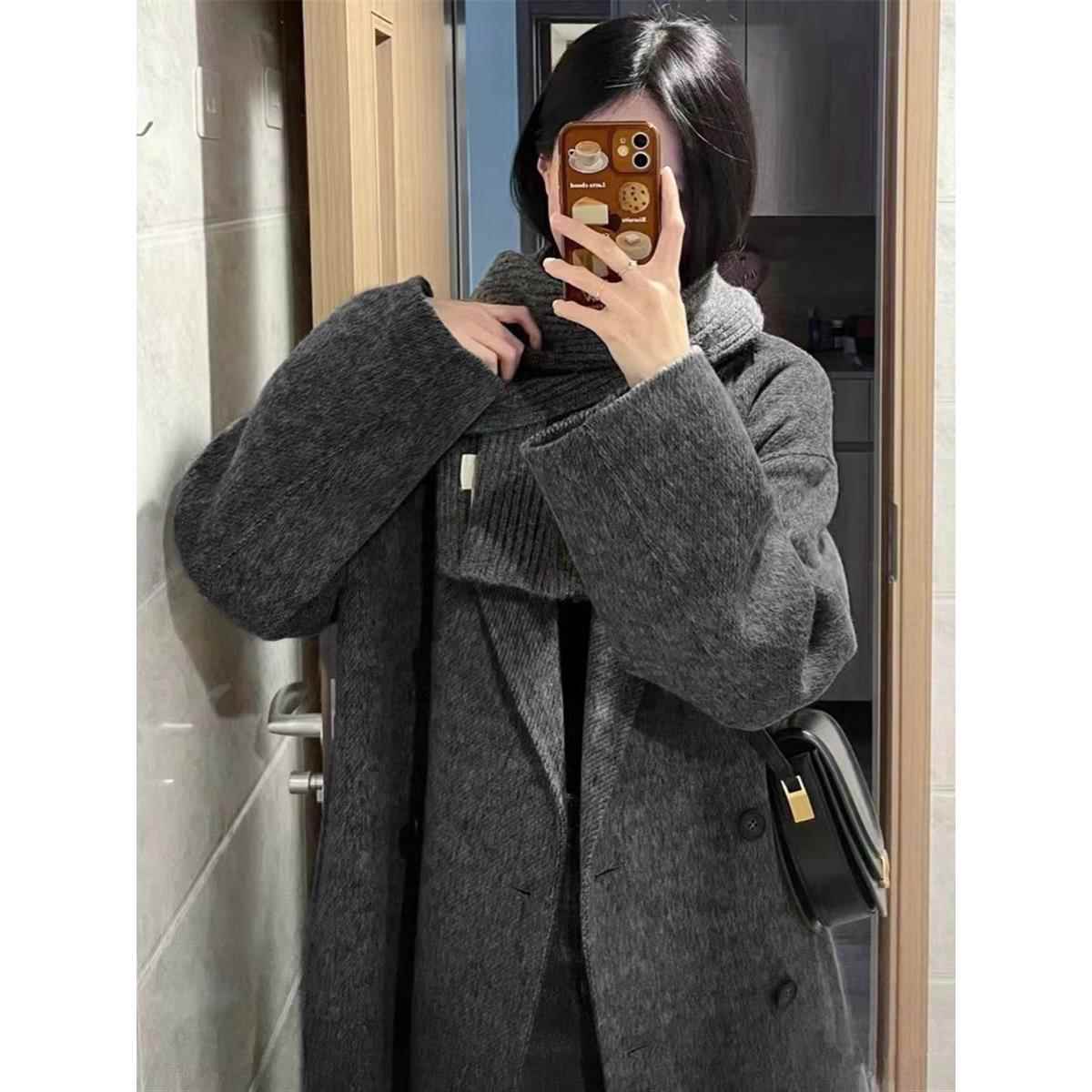 黑灰色双面羊绒大衣女中长款2024秋冬新款韩系高端宽松羊毛呢外套