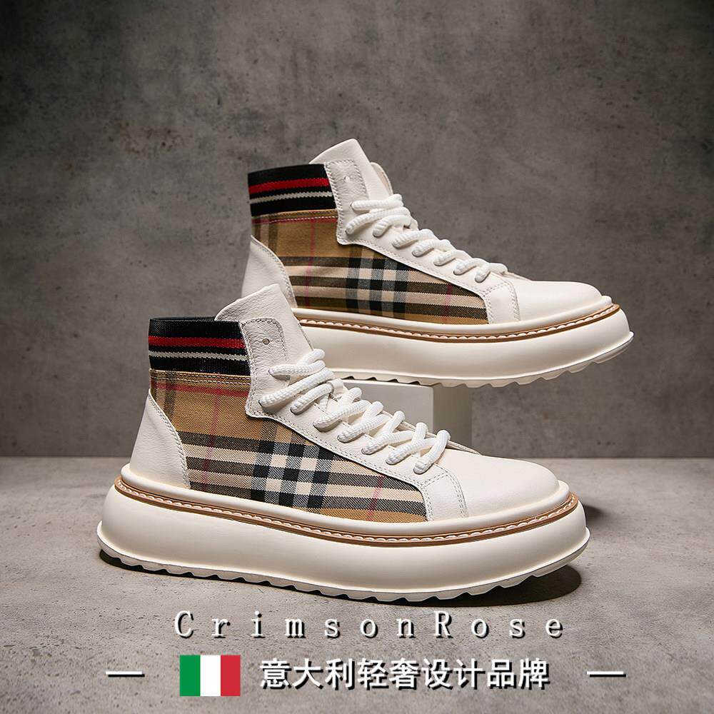 CR轻奢意大利2025欧洲站男皮拼接潮牌厚底高帮男鞋系带短靴马丁靴