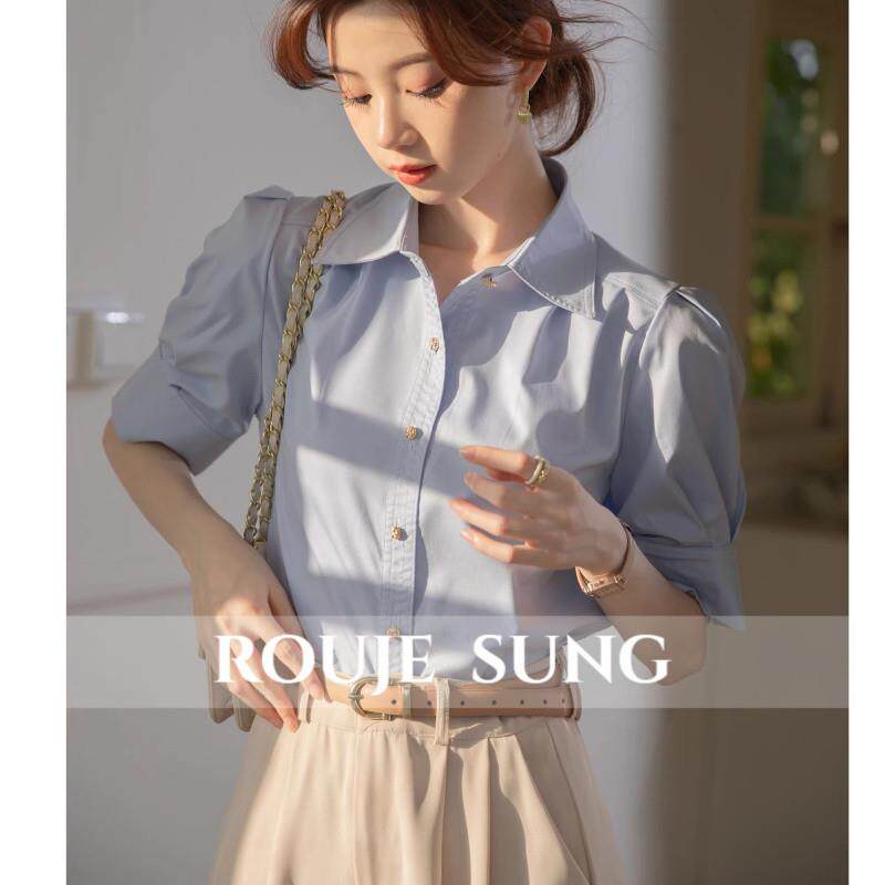 ROUJE SUNG~蓝色衬衫女夏季中袖高级感气质工装宽松短袖半袖衬衣