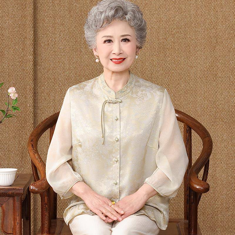国风中老年人纱袖衬衫女夏装桑蚕丝100%大码奶奶中式真丝上衣薄款